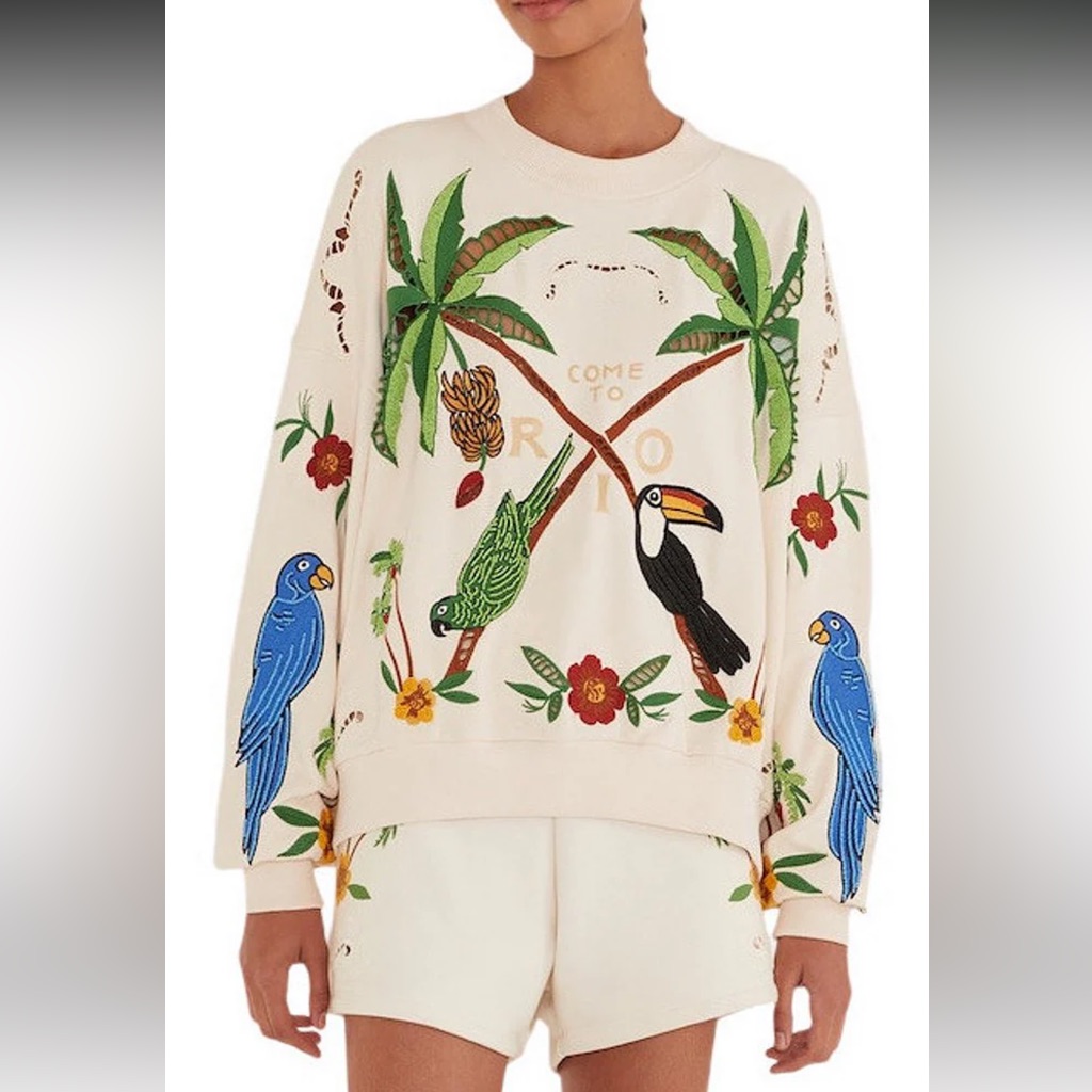 Nwtfarm Rio Coconut Trees Come To Rio Crew Neck Embroidered Sweatshirt/ Shorts